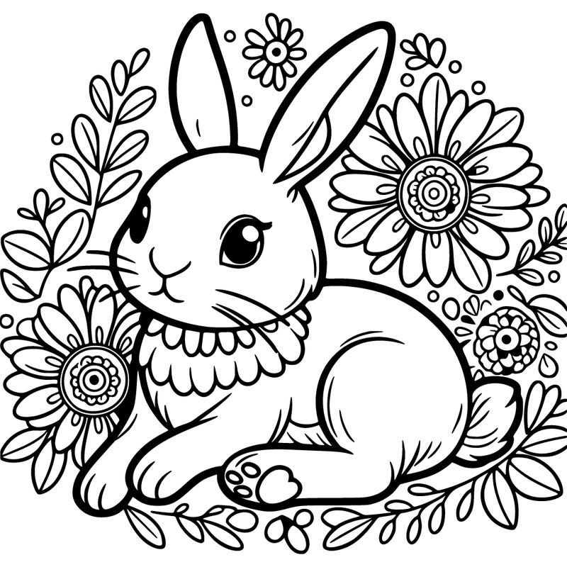 rabbit surrounded by flowers . flowers should be basic outlines (circle center, petals around). rabbit has more defined paws. medium lines.