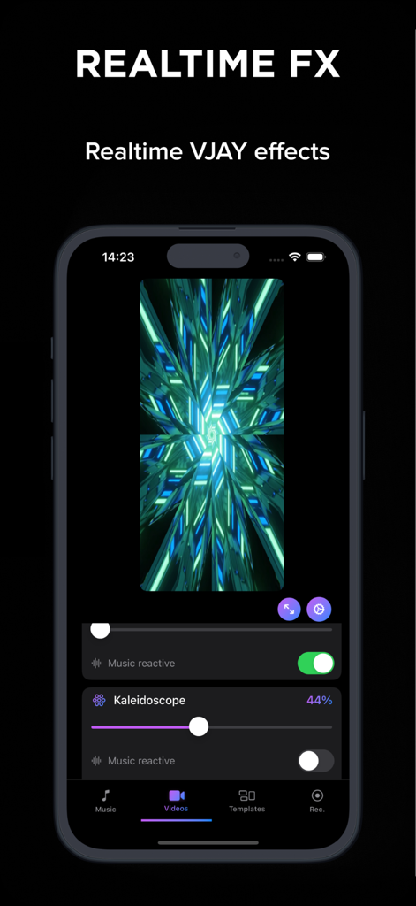 VJ Live Video FX & Beats Mixer - Interface showing real-time music-reactive kaleidoscope effects on a smartphone