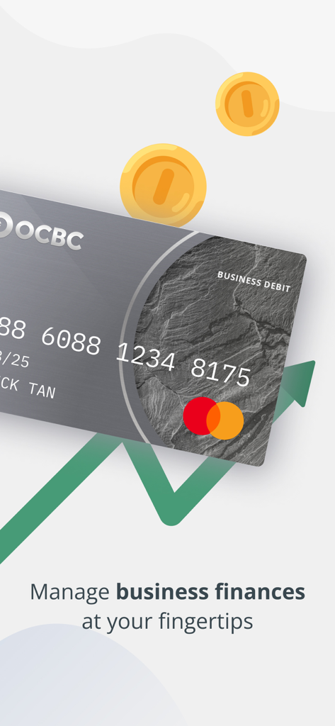 OCBC Business - OCBC Business Debit card and growth chart representing mobile finance management