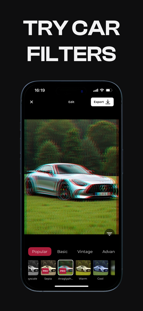 Car Editor - Customize Car - Schermata dello smartphone che mostra l'app Car Editor con un filtro 3D anaglifo applicato a un'auto di lusso.