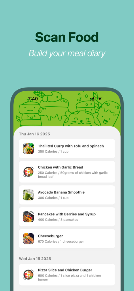 Calorie Scan - AI Food Tracker - A screenshot of the Calorie Scan app interface showing a chronological meal diary with detailed calorie and nutrition logs for various dishes.