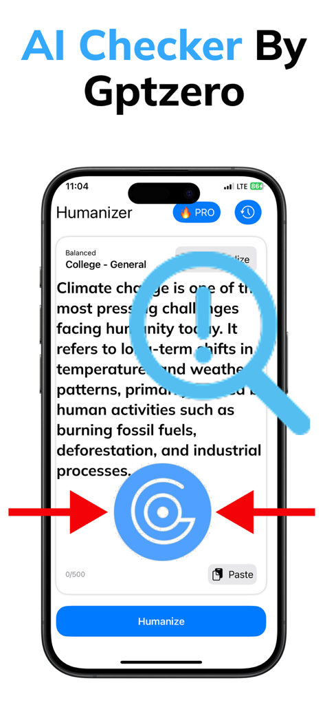 Interface of the Pass AI Humanizer app featuring an integrated AI checker powered by GPTZero