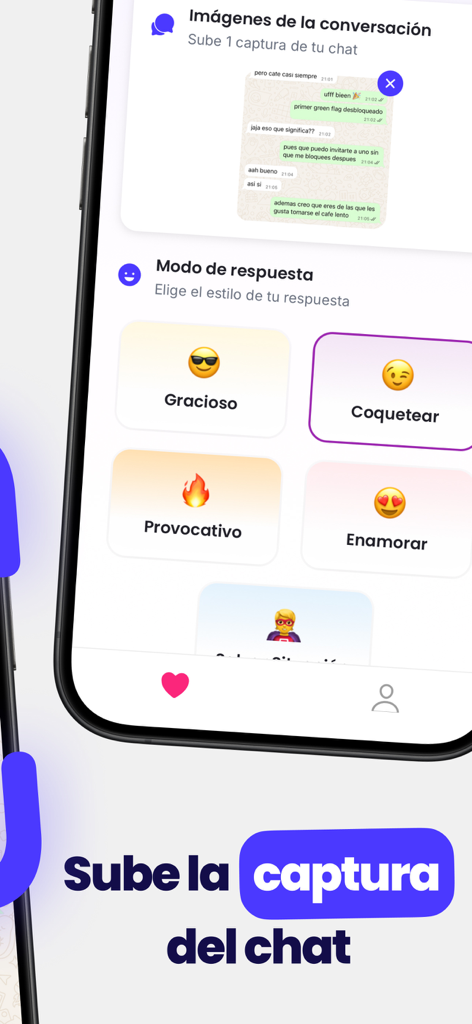 Interfaz de la app Liggo mostrando diferentes modos de respuesta de IA como divertido, coqueteo y provocativo para capturas de chat