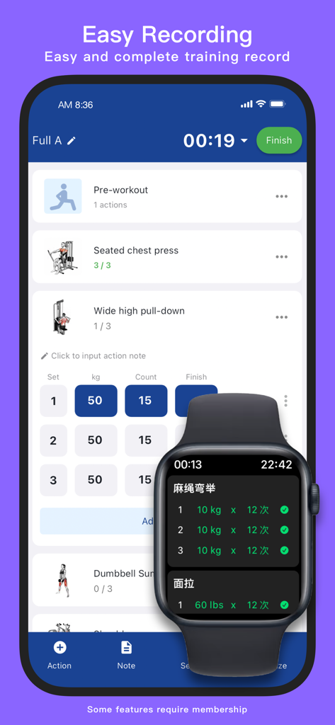 Aplicativo KeepStrong de rastreamento de treino exibindo interface de registro de exercícios no iPhone e Apple Watch