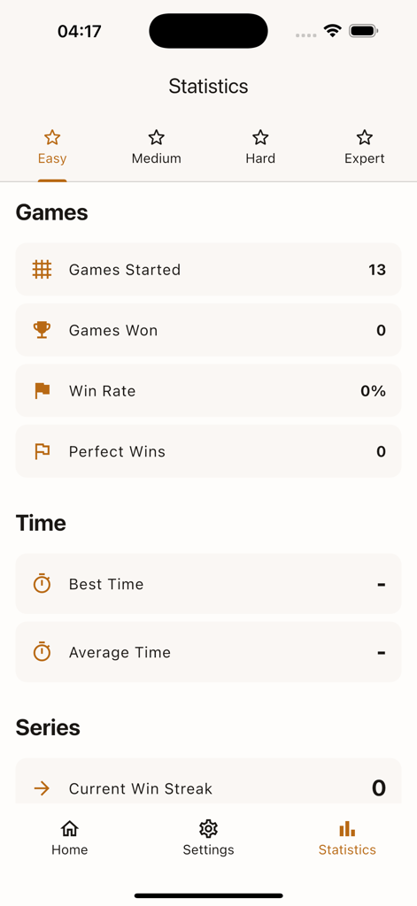Sudoku - No Ads & Offline - The statistics dashboard of the Sudoku app showing game history, win rate, and time performance across different difficulty levels.