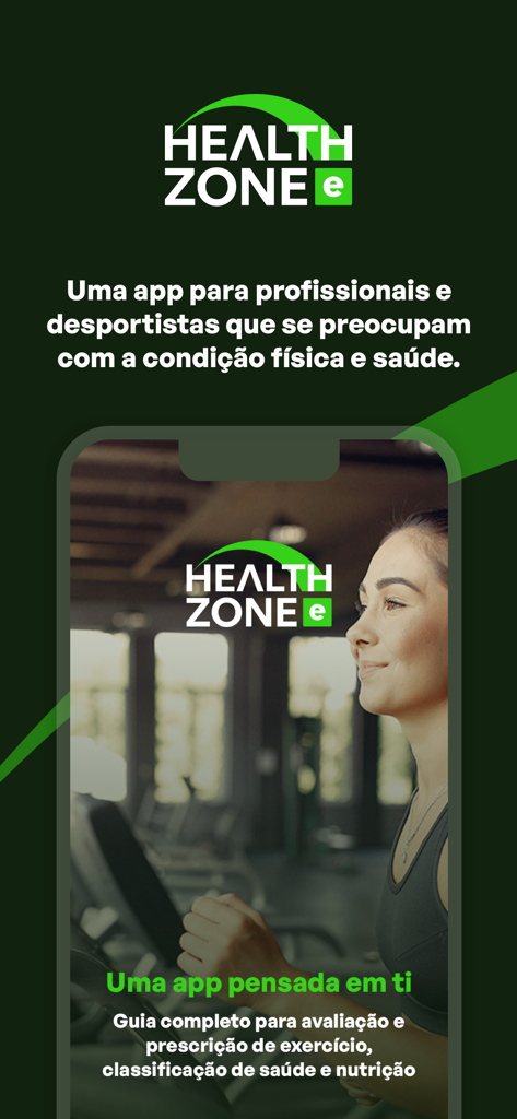 Health Zone-e mobile app intro screen for fitness trainers and coaches highlighting health and exercise prescription
