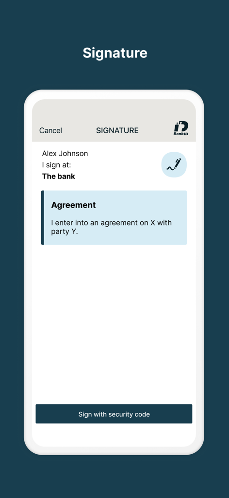 BankID Security App - Pantalla de la app BankID para firmar un acuerdo digital con un código de seguridad.