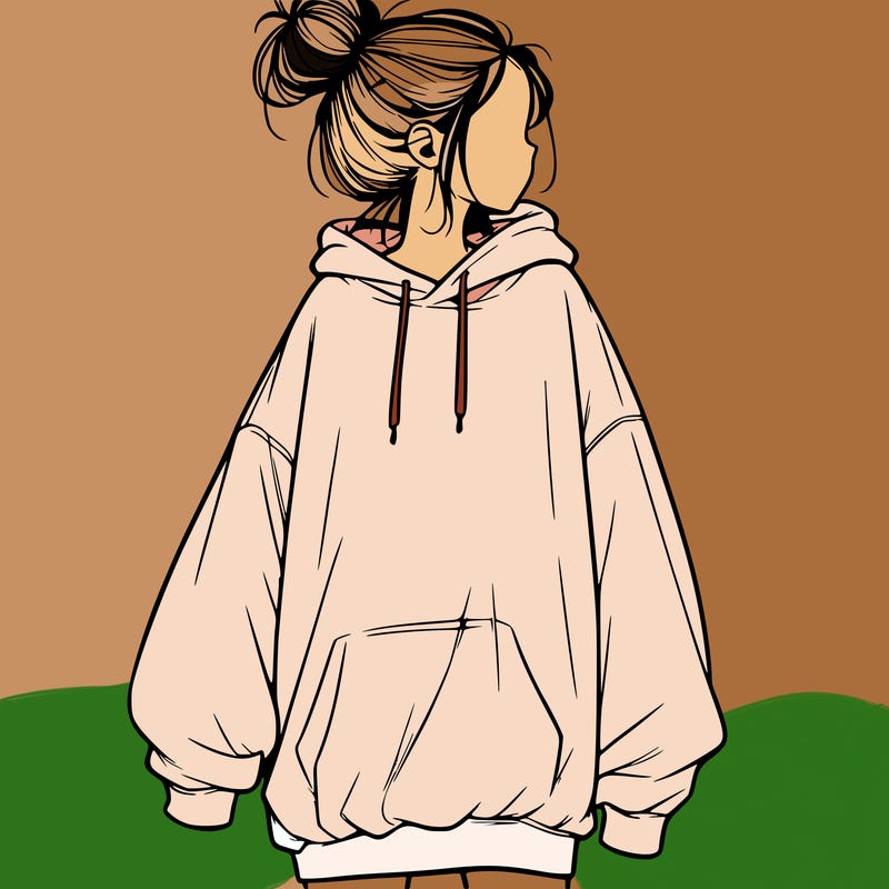 realistic girl with a oversized sweatshirt on and a bun