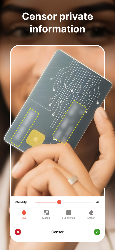 Censor: Face Blur & Pixelate - Censor app interface demonstrating how to blur sensitive information on a credit card.