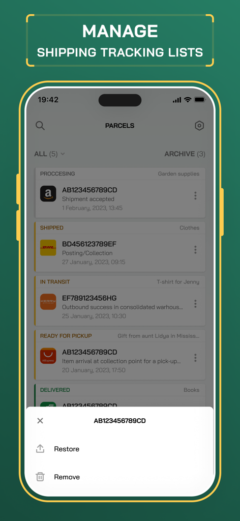 Track Me Fast 앱의 인터페이스로, 처리 중 및 배송됨과 같은 다양한 배송 단계를 가진 패키지 목록을 보여줍니다.