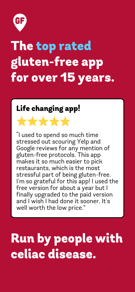Find Me Gluten Free - Werbegrafik für die Find Me Gluten Free App mit einer Fünf-Sterne-Nutzerbewertung und 15 Jahren Service.