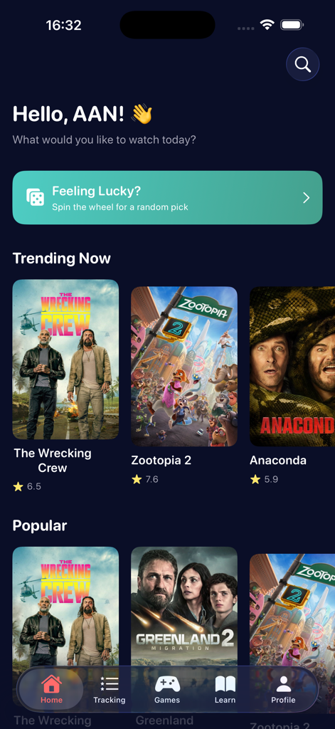 MovieMaster app home screen displaying trending movies and a random movie pick banner