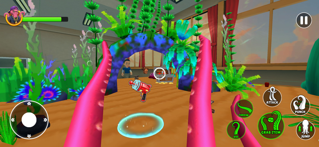 First person gameplay of a pink octopus in an aquarium themed room with action controls