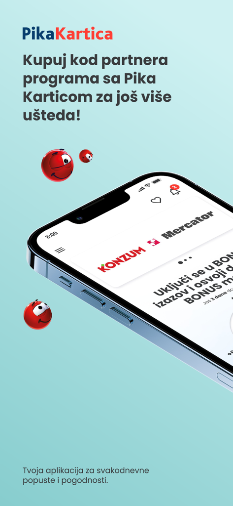 Pantalla de introducción de la aplicación Pika Kartica BiH en un smartphone con los logotipos de Konzum y Mercator