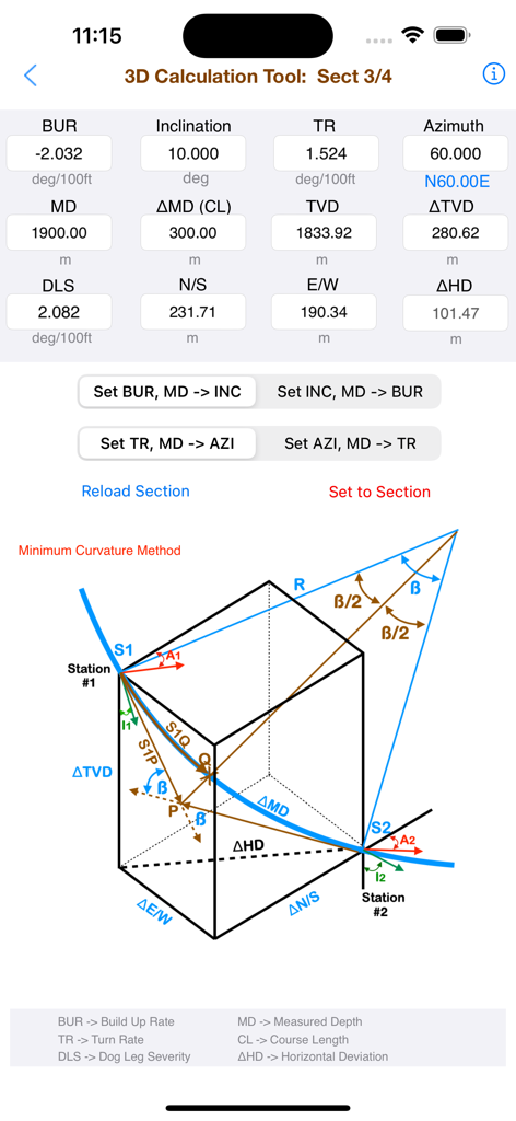 Directional Well Planning - Technical interface of the 3D calculation tool in the Directional Well Planning app showing numerical data and a Minimum Curvature Method diagram.