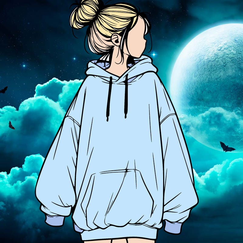 realistic girl with a oversized sweatshirt on and a bun