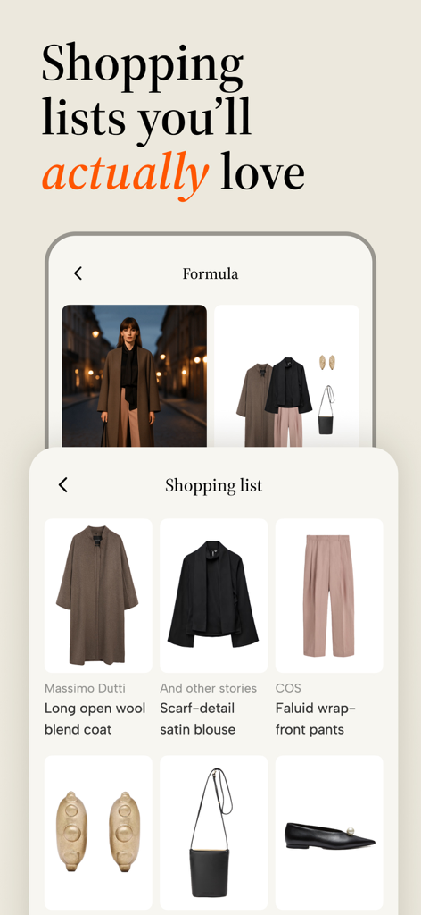 AI-powered shopping list for curated professional fashion outfits