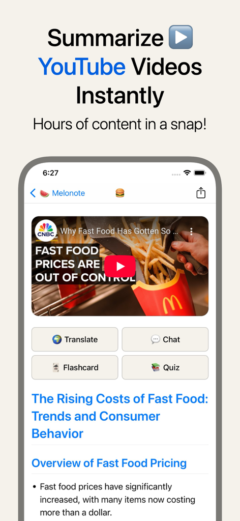 Melonote:AI Voice to Text Note - Melonoteアプリのインターフェース。YouTube動画のAI生成要約が表示され、フラッシュカードやクイズのオプションがあります。