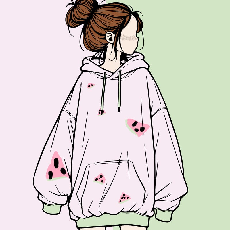 realistic girl with a oversized sweatshirt on and a bun