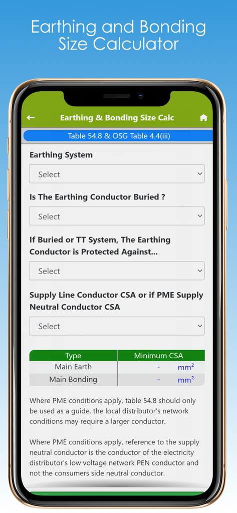 電気工具とリファレンスアプリのアースとボンディングサイズ計算機画面