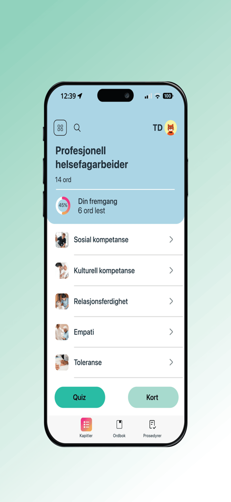 KLAR - KLAR app interface displaying a professional healthcare worker language course with progress tracking and lesson list