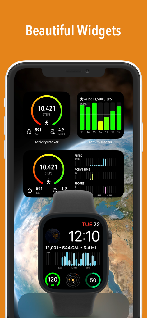 ActivityTracker Pedometer - ActivityTracker Pedometer app displaying various fitness widgets on an iPhone and a matching Apple Watch face.