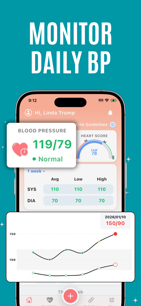 Blood pressure app Free of-ads - Mobile app interface for monitoring daily blood pressure with trend charts and health statistics.