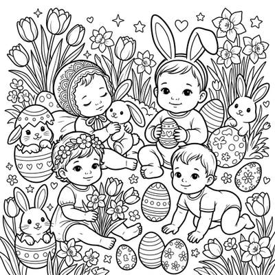 Bring the joy of spring to life with this heartwarming Easter coloring page featuring sweet babies and playful bunnies. Explore a charming scene filled with decorated eggs and blossoming flowers, perfect for a delightful creative session.