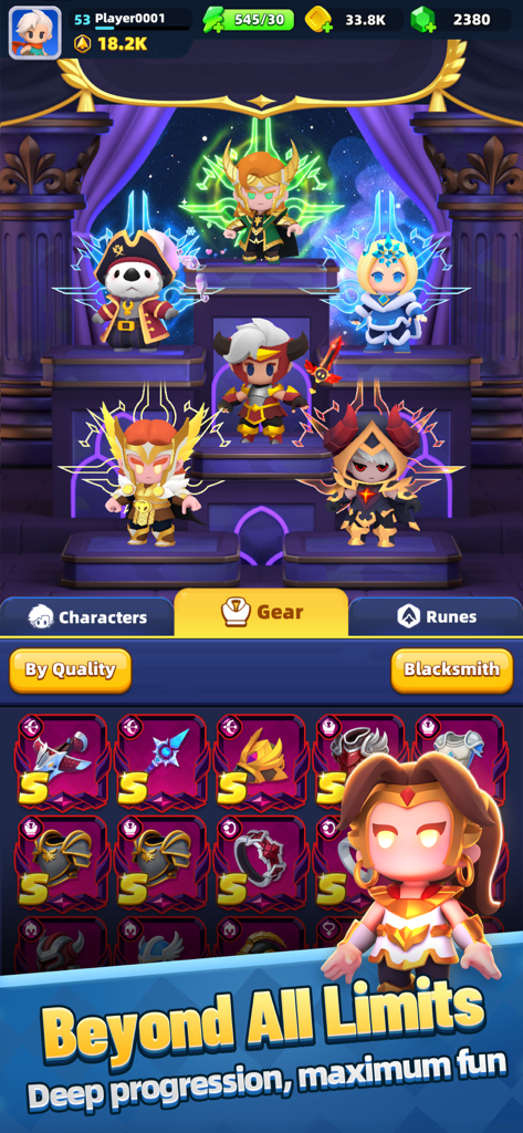 Menú de equipo y progresión de personajes de Archero 2 con múltiples héroes y equipo legendario