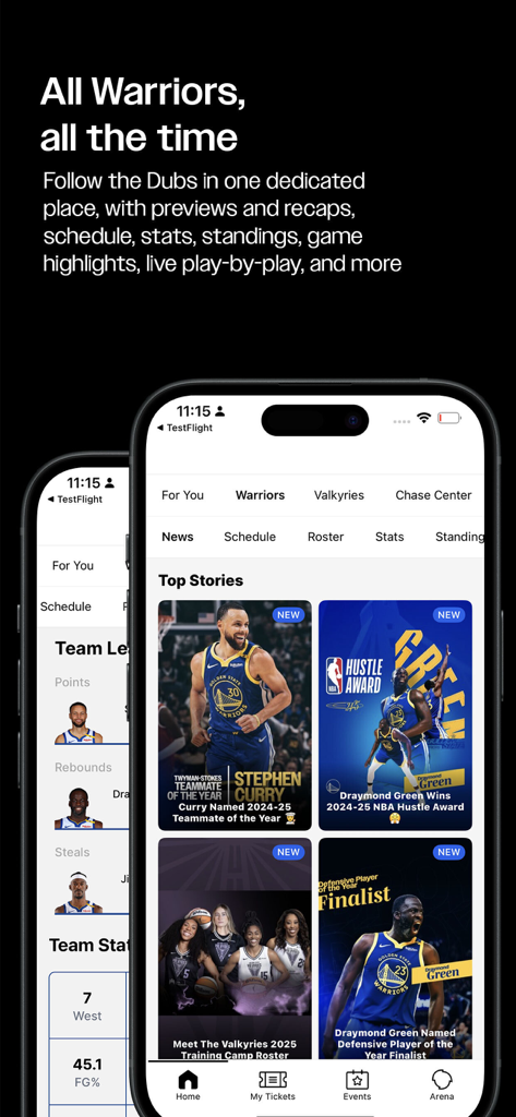 Oberfläche der Golden State App, die den Nachrichtenbereich der Warriors mit Top-Storys über Spieler zeigt.