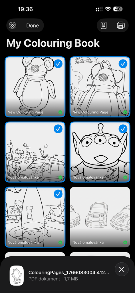 Photo2Colouring Book app gallery showing converted line art pages and a PDF export notification.