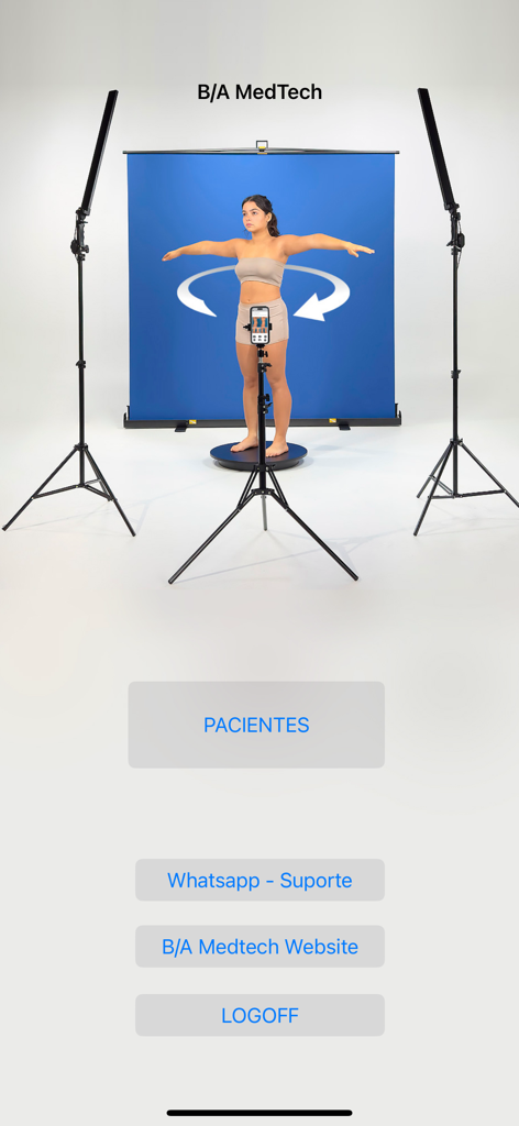 Interface of Before and After MedTech app showing a medical photography studio setup and navigation buttons