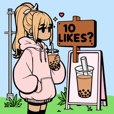 girl with oversized hoodie drinking boba and she has a high ponytail with a sign that says 10likes?