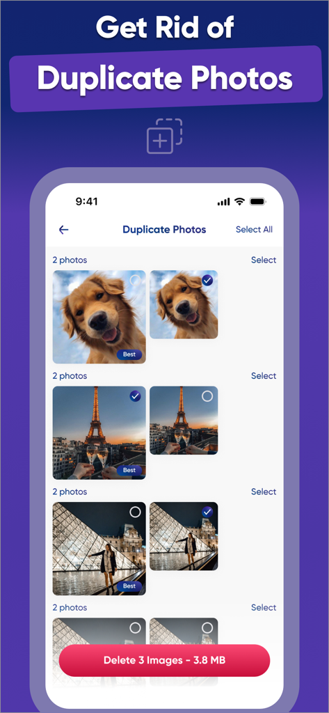 Cleaner ・Phone Storage Cleanup - ストレージスペースを節約するために、重複した写真の特定と削除を行うCleanerアプリのインターフェースを示すスマートフォンの画面。