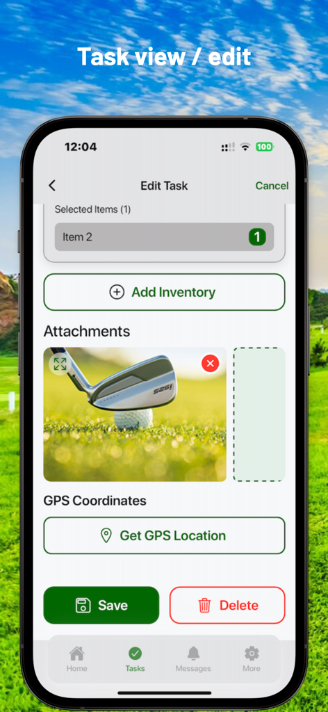 Pantalla de la App Golf Manager para editar una tarea de mantenimiento con ubicación GPS y archivos adjuntos de fotos