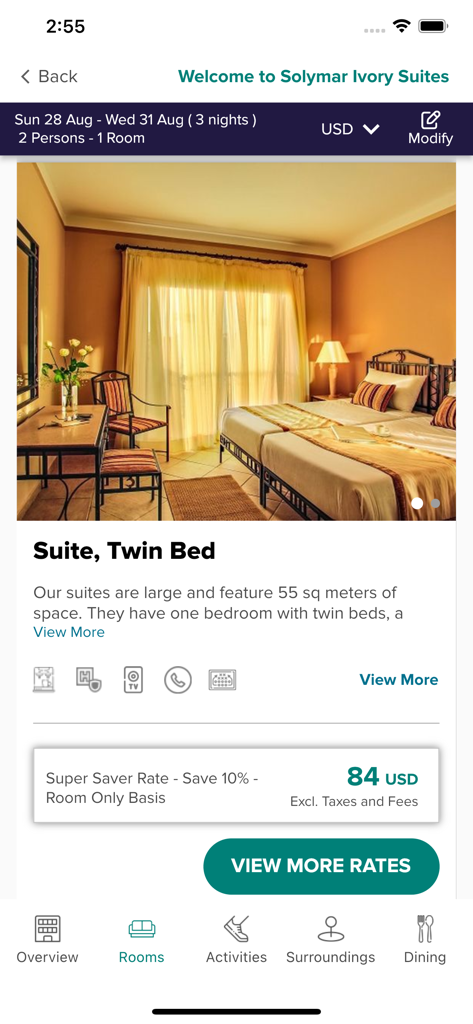 Tela do aplicativo JAZ Hotel Group exibindo detalhes e preços da suíte para Solymar Ivory Suites