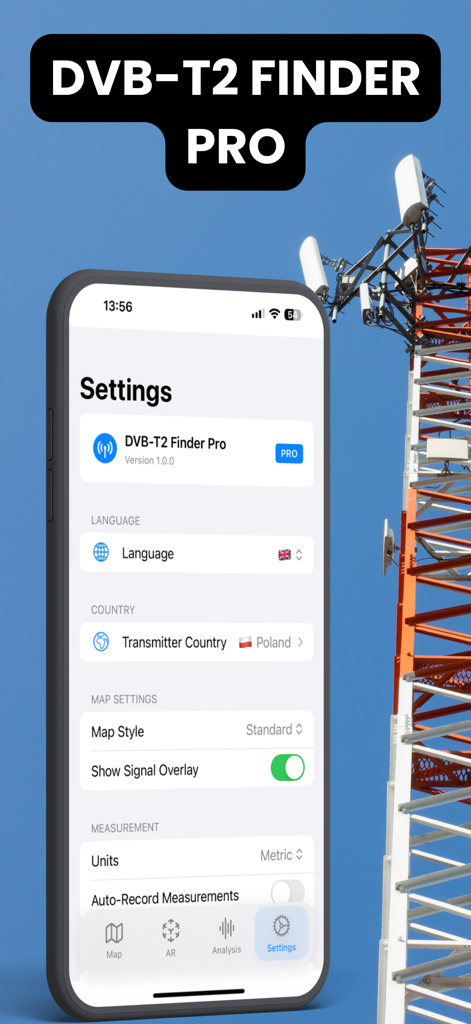 通信塔の隣にあるスマートフォンに表示されているDVB-T2 Finder Proアプリの設定画面