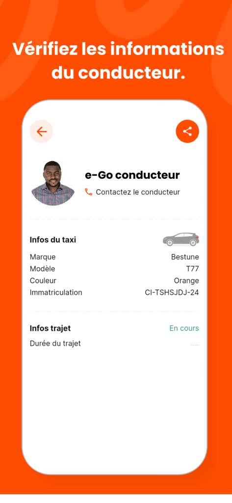 e-Go : Trouvez un Taxi - A tela do aplicativo e-Go exibindo o perfil do motorista, informações do veículo e status da viagem para uma corrida de táxi na Costa do Marfim