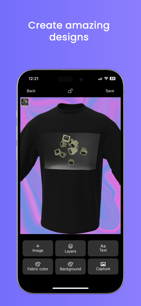 T-Shirt Design - 3D Mockup - Mobile app interface showing a black sweatshirt 3D mockup with custom graphics