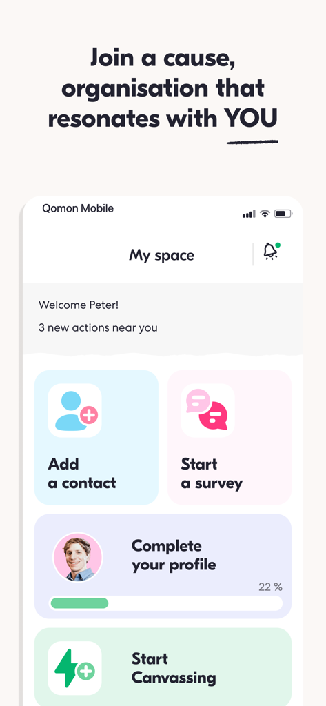 Qomon - Campaign, Volunteer - Qomon app dashboard showing volunteer actions like canvassing and surveys