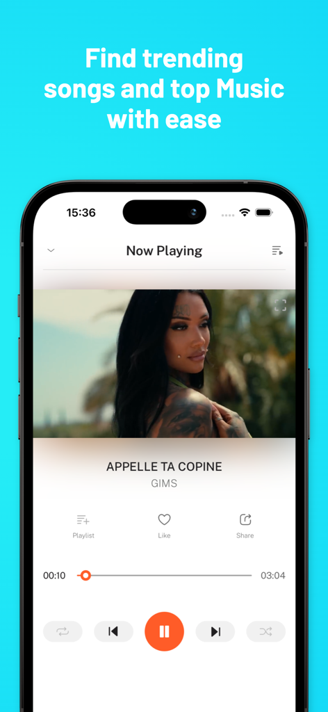 Music Offline Playerアプリの再生画面には、Gimsの曲と再生コントロールが表示されています
