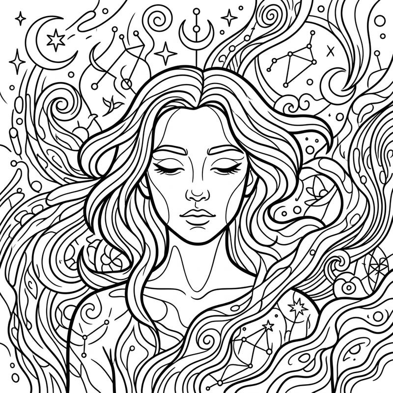 Embark on a tranquil artistic journey with this captivating dreamlike self-portrait. This intricate coloring page invites you to explore fantastical elements and mystical symbols, perfect for mindful relaxation.