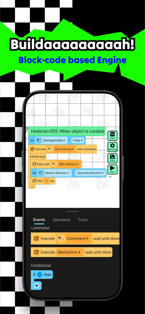 Interface de codificação em blocos do motor de jogos móveis Builda