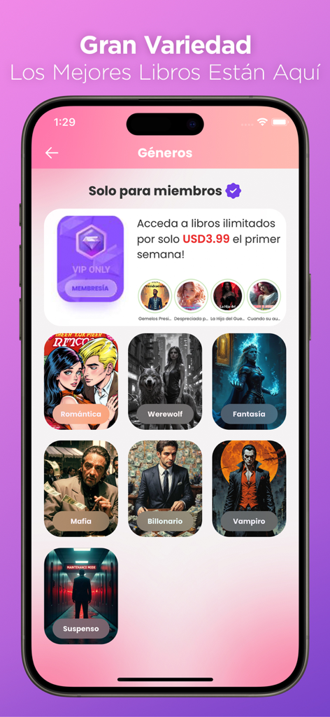 Novemia - Novels & Romance - Interfaccia dell'app Novemia che mostra vari generi di romanzi d'amore come licantropi e miliardari.