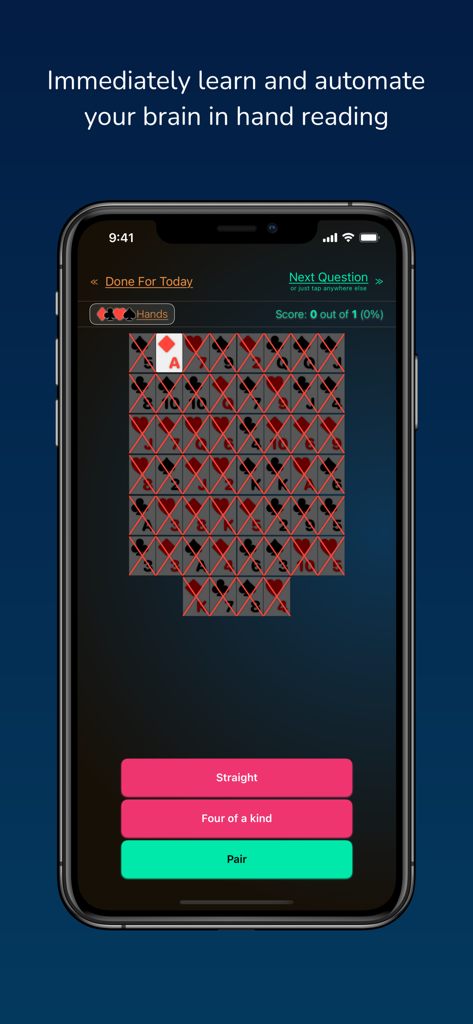 Poker Hands Quiz - Una pantalla de aplicación de póker que muestra un quiz de manos de póker con botones de categoría de manos.