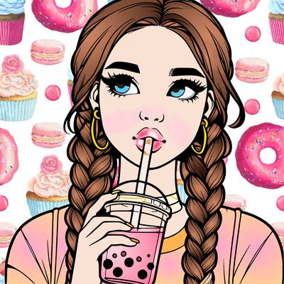 realistic girl with braided hair drinking boba