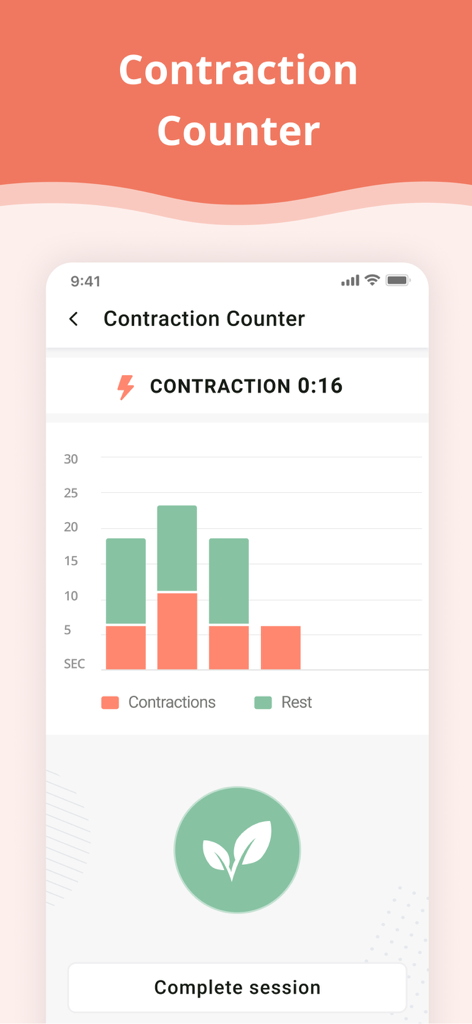 Captura de pantalla de la función de contador de contracciones que muestra un gráfico de barras visual de los intervalos de contracción y descanso durante el parto.