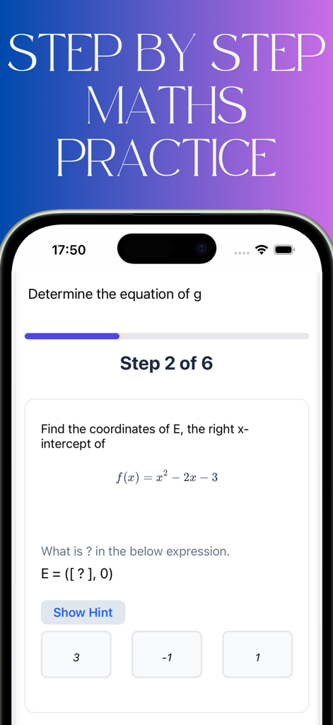 Oberfläche der Dimpo Lern-App, die eine Schritt-für-Schritt-Mathematik-Übungssitzung für Gymnasiasten zeigt, die sich auf die Lösung quadratischer Gleichungen konzentriert.