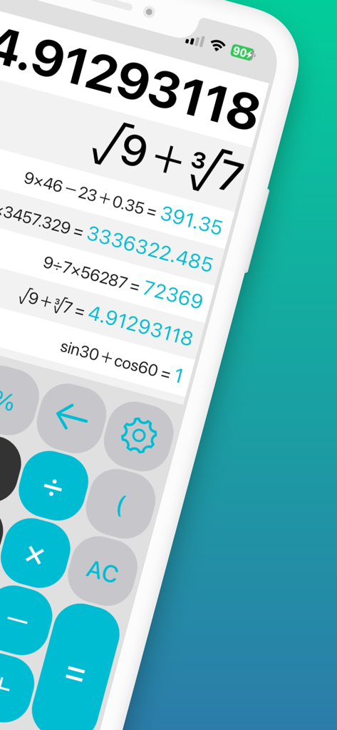 Easy Calculator with History - Interfaz de la aplicación Calculadora Fácil con Historial que muestra cálculos científicos y registro de historial en iPhone