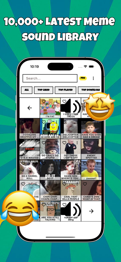 Interface do aplicativo Meme Soundboard mostrando uma biblioteca de sons virais engraçados e ícones